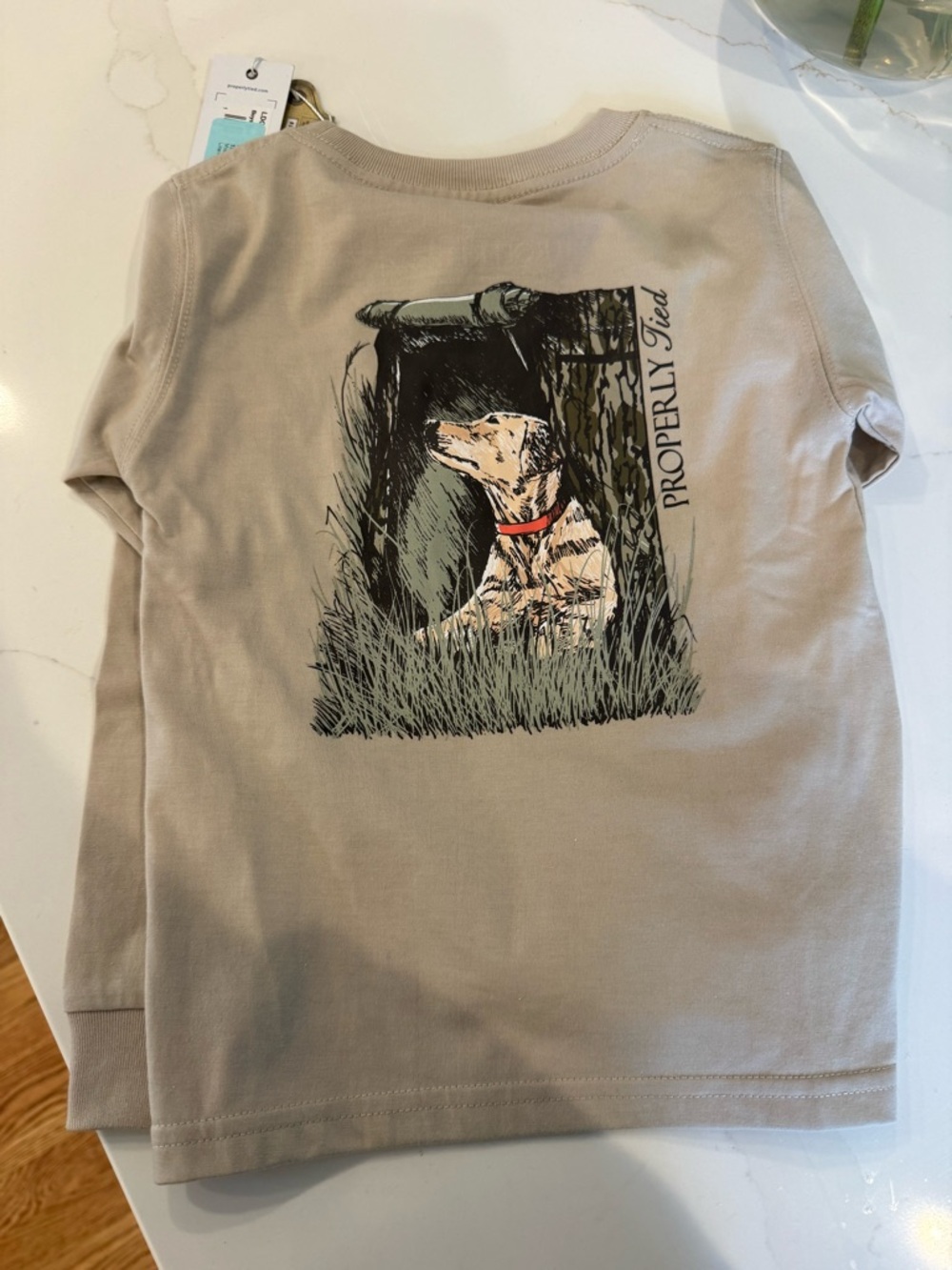 Properly Tied Kids' Long Sleeve Tee in Tan with Dog Graphic